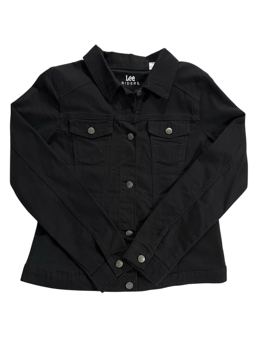 Lee Riders Women’s Med. Black Stretch Denim Jacket Button Front Casual Layering